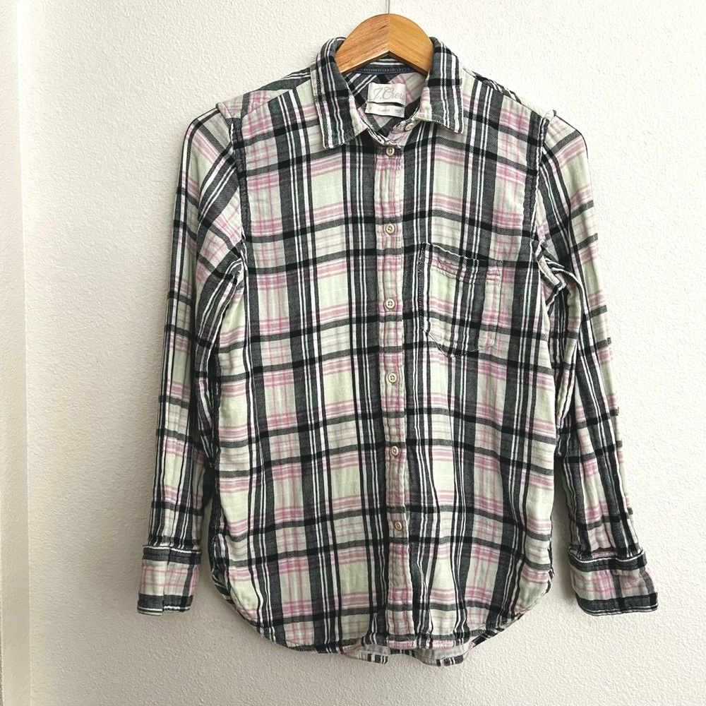 J. Crew Classic Fit Plaid Shirt Double Faced Cotton Mint Tartan Size 6